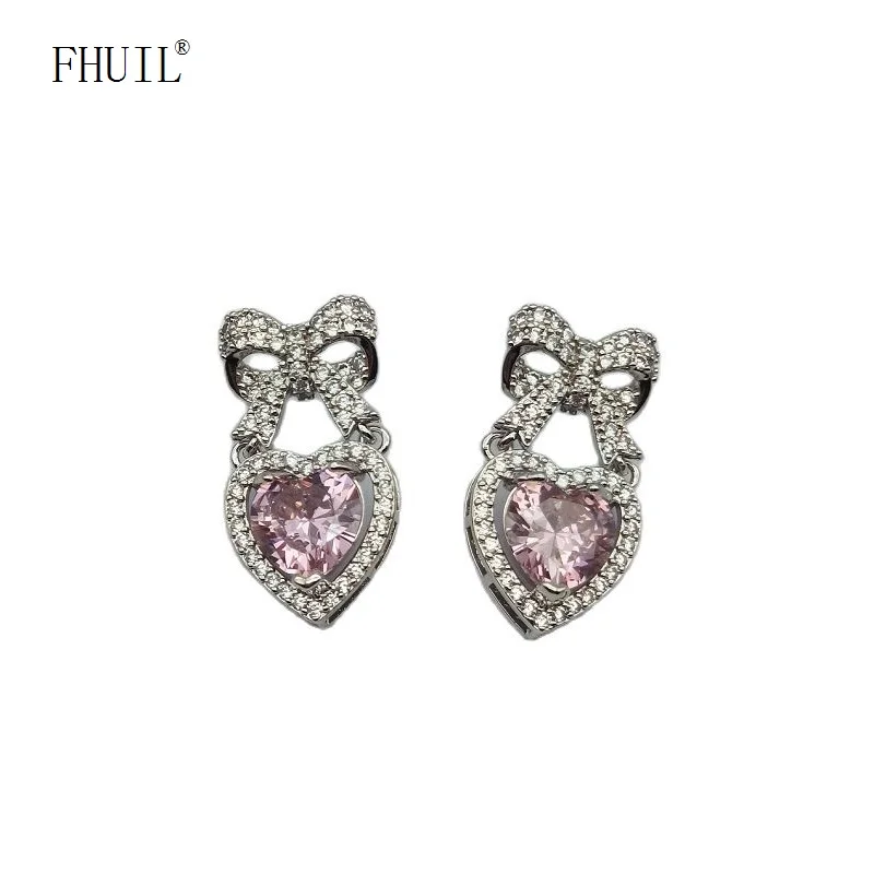 

New In Heart Drop Earrings For Women Dazzling Crystal Zirconia Pink Ear Piercing Wedding Engagement Jewelry Accessories