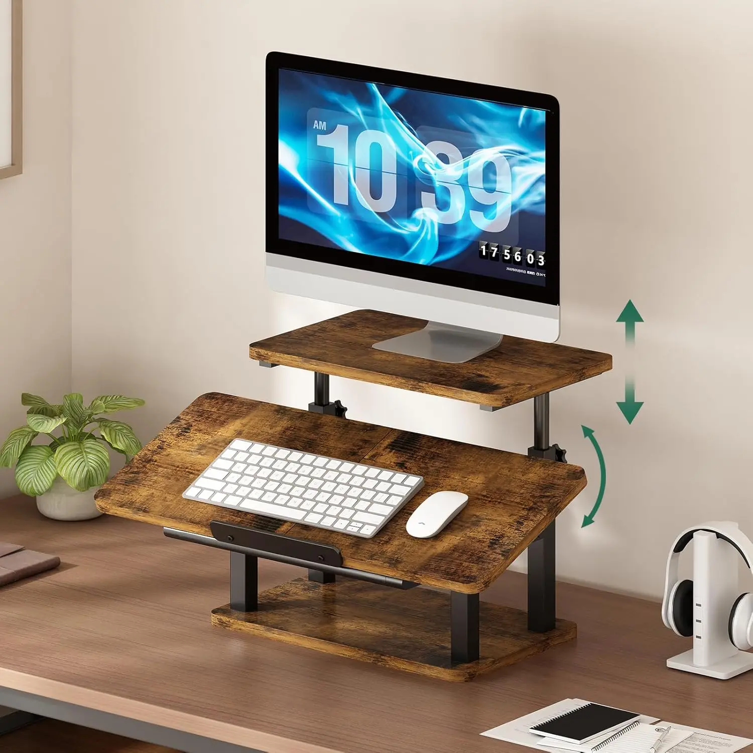 Adjustable Monitor Stand with Keyboard Tray, Ergonomic Desk Elevator 26.5-47.5 cm, Brown