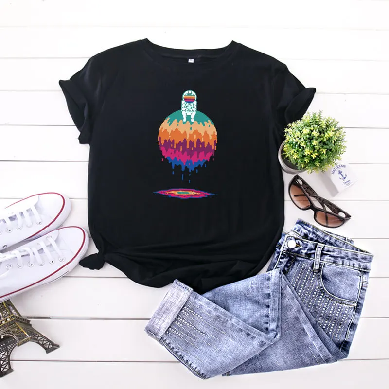 

Women Moon Planet Space Print O-Neck Short Sleeve Casual Tee Tops Summer T Shirt graphic tee clothing women