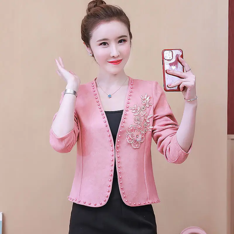 XXXXL Women Fashion Office Wear Basic Black Blazer Coat Vintage Beading Long Sleeve Business Female Outerwear Chic Tops Party