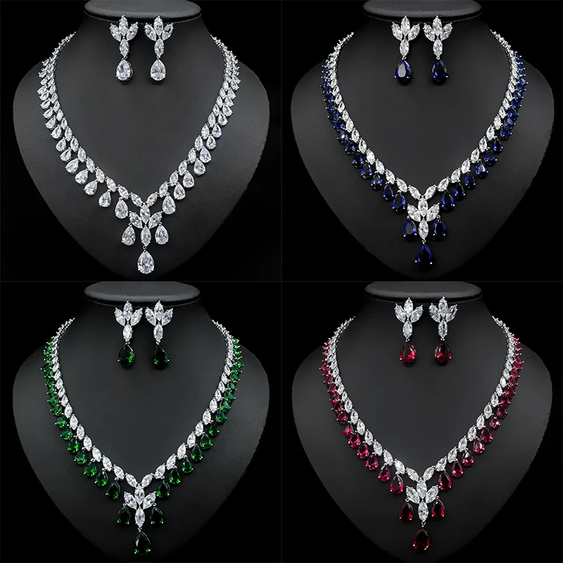 

SUGO Exquisite Fashion Minority Water Drop Tassel Zirconia Necklaces Earrings Sets for Elegant Women Wedding Jewelry Collocation