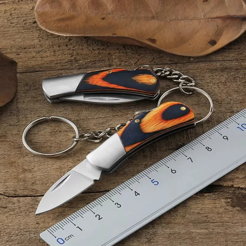 1PC Stainless Steel Outdoor Mini Folding Knife Self-defense Pendant Wooden Handle Fruit Knife Camping Portable Key Buckle Kawaii 4
