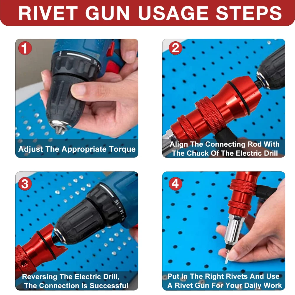 Electric Rivet Gun Adapter 2.4mm-3.2mm-4.0mm-4.8mm Home Core Blind Rivet Gun Aluminum Alloy Riveting Tools Cordless Gun