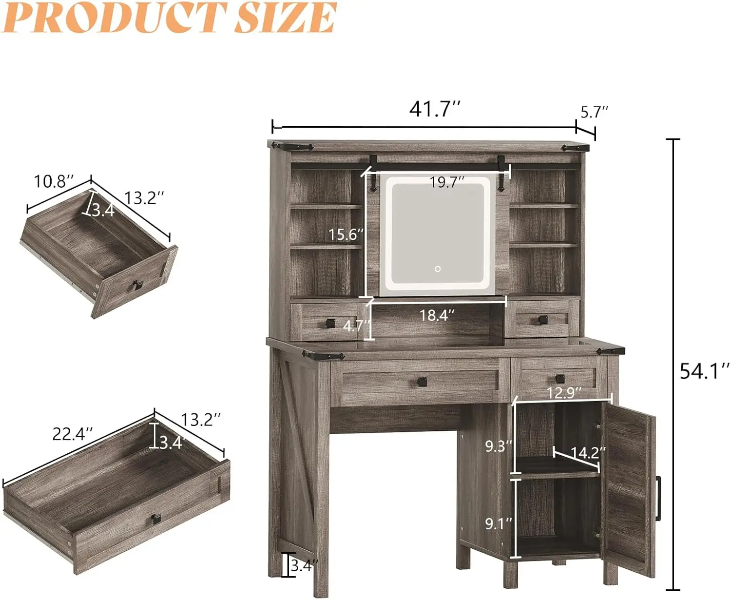 42'' Farmhouse Makeup Vanity Desk with Sliding Mirror and Lights, Glass Tabletop Vanity Table with 2 Drawers & Shelves