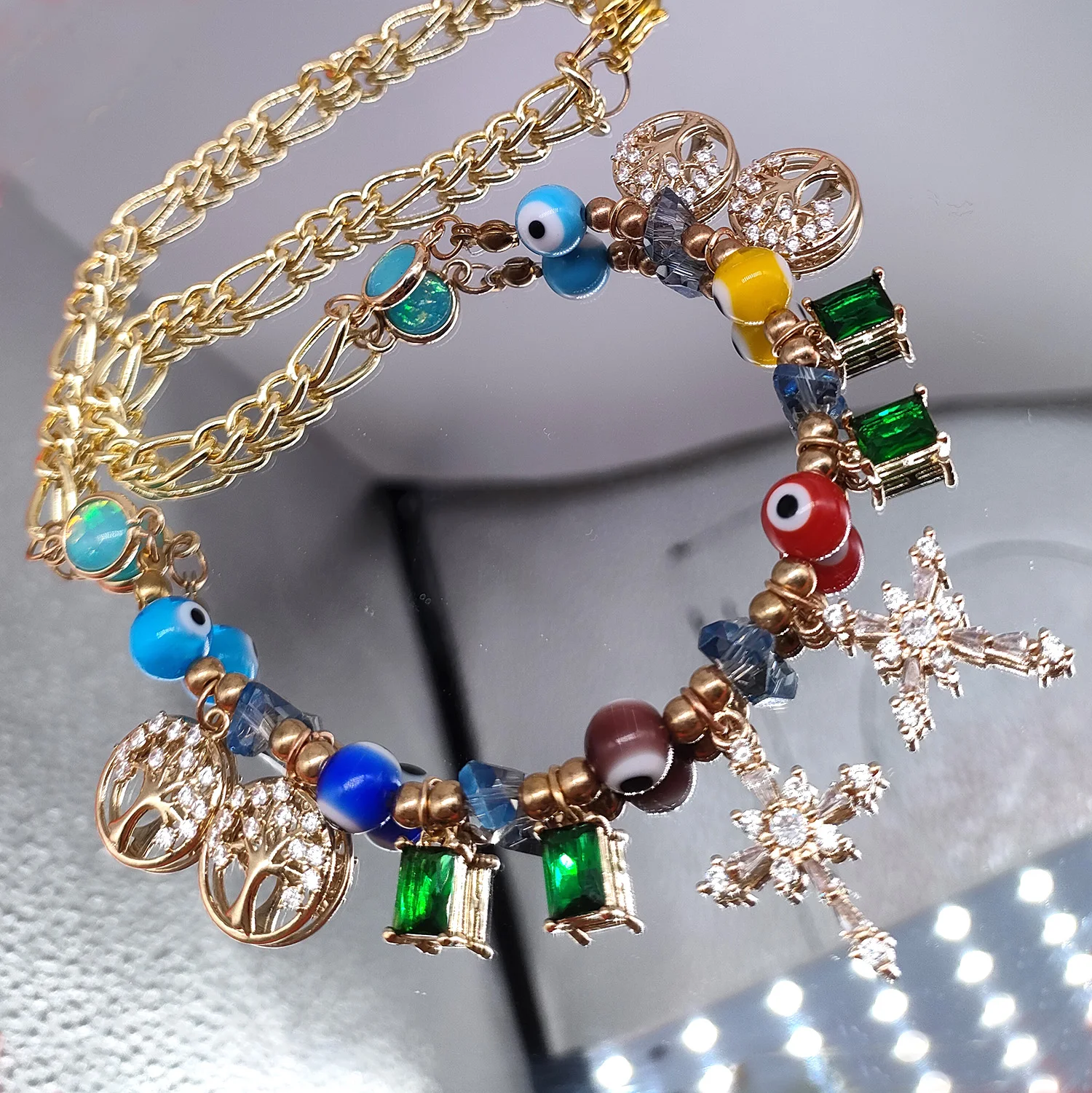 Bling Cubic Zirconia Cross Life Tree Pendant Necklace Choker Chain Colorful Evil Eye Bead Aesthetic Bohemian Jewellery for Women