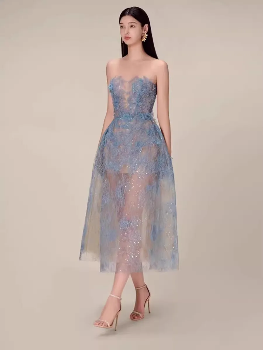 Korean Style 3D Flower Sequin Lace Strapless Dress Elegant Multi-color Mesh Long Dresses Women 2025 New Spring Summer A7877