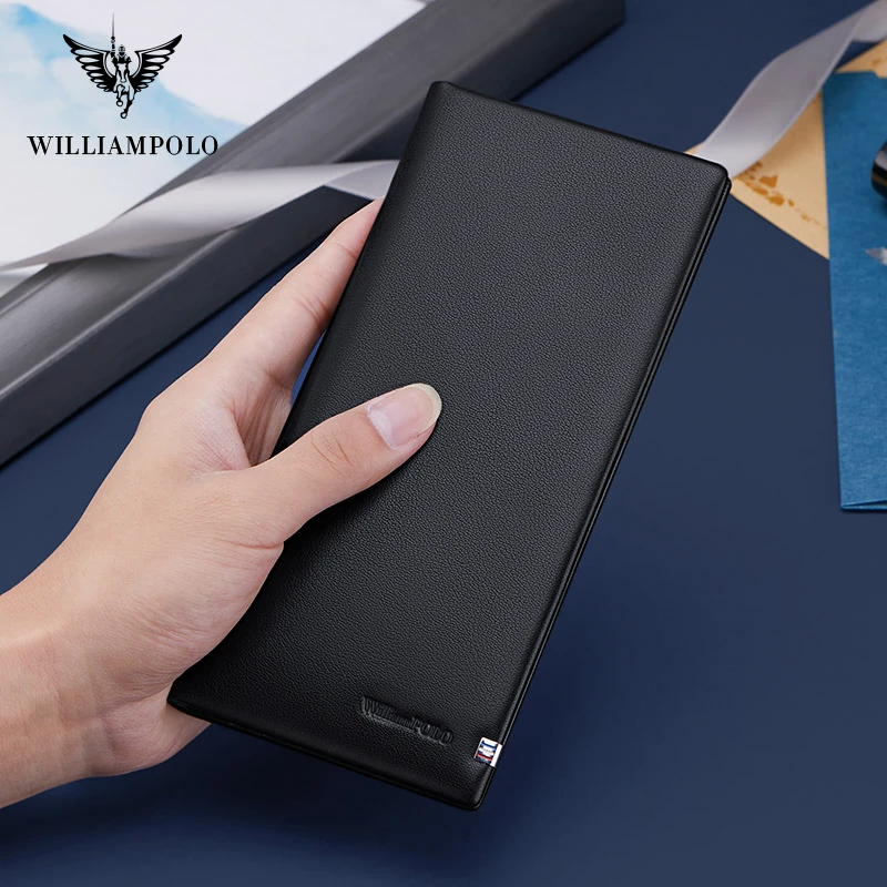 WILLIAMPOLO Genuine Leather Wallet Men Leather Long Wallet Clutch Bag Male Purse Money Clips Money Bag