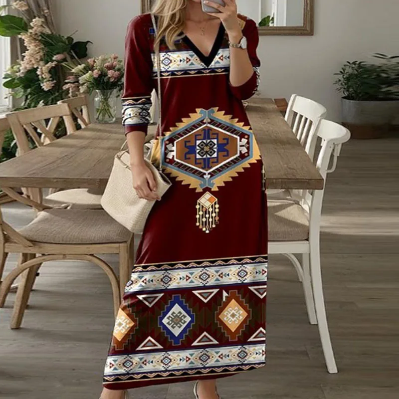 

Spring Vintage High Waisted Robe Dresses Female V-neck Printed Bohemian Dress Casual Long Sleeved Loose Straight Holiday Dress