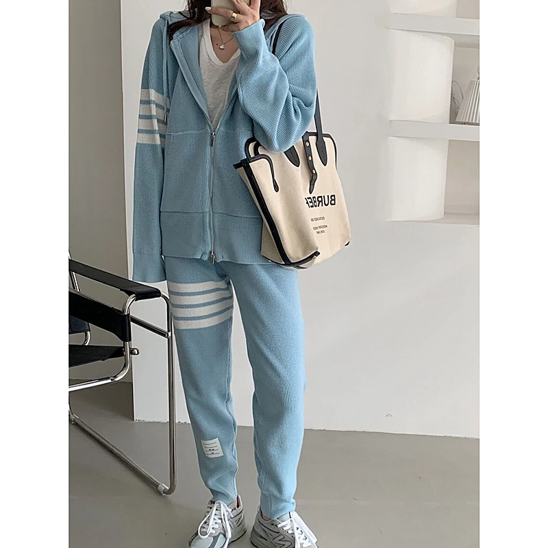 TB 와플 두꺼운 정장 슬림한 4 바 후드 가디건 재킷 여성용, 캐주얼 작은 다리 스웨트 팬츠