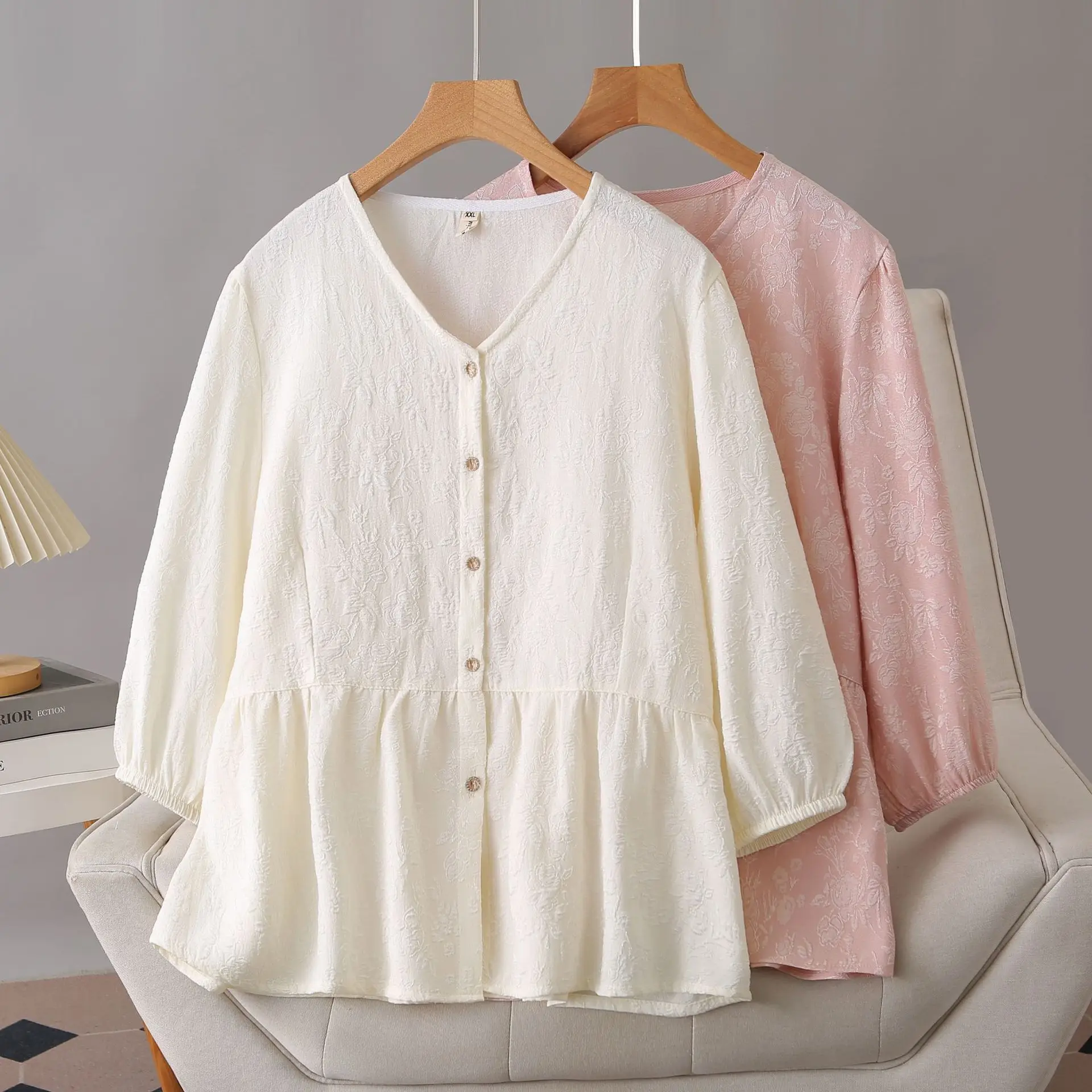 Plus Size Women's Blouses Autumn New Simple And Casual Jacquard Patchwork V-Neck Shirt 1200