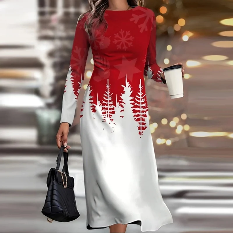 

Elegant Ladies High Waist Slim Maxi Dress New Winter Christmas 3D Printed Party Dress Casual O-Neck Long Sleeve Straight Dress