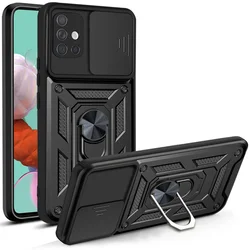 Armor Shockproof Case with Car Magnetic Ring Stand and Push - Pull Camera Protection Cover - Galaxy A71 4G (Black)