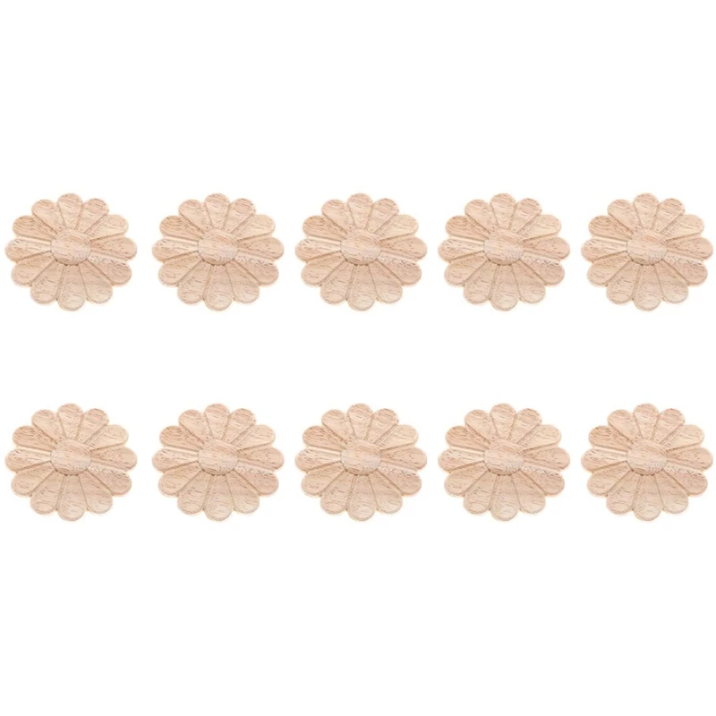 

10Pcs Unpainted Round Flower Pattern Wood Carved Applique Frame Onlay Cabinet Furniture Decoration 6Cm