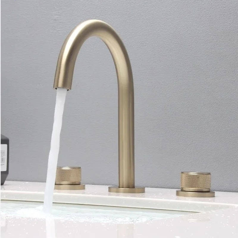 

59# Brass Double Handle 3 Hole Basin Faucet Brushed Gold Split Faucet Black Brass 3 piece Set Hot and Cold Mixer Basin Faucet