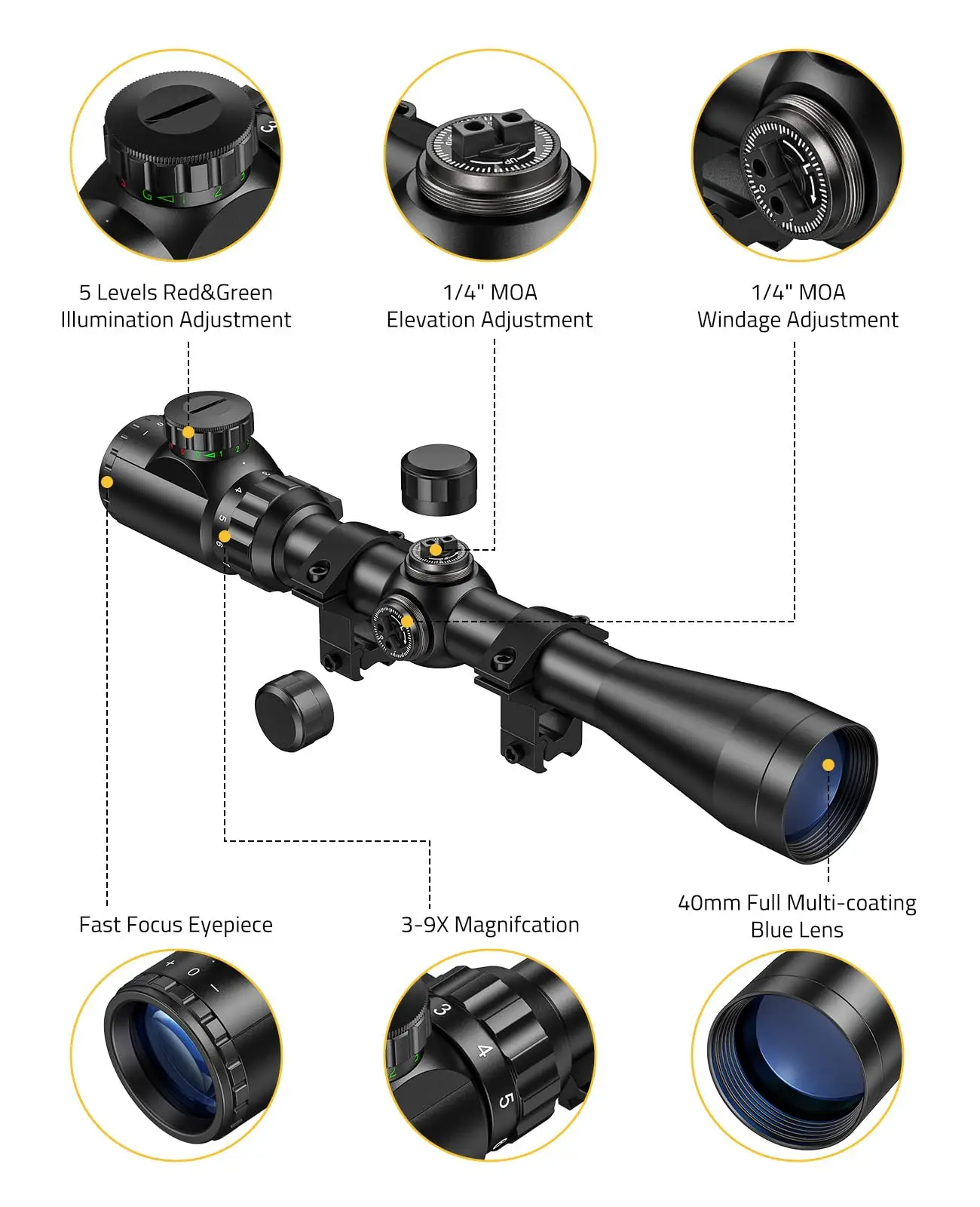 CVLIFE 3 9x40 Rifle Scope Fit 11mm Dovetail Red Green Illuminated Optical Mil dot Reticle Scope For Hunting With Mounts
