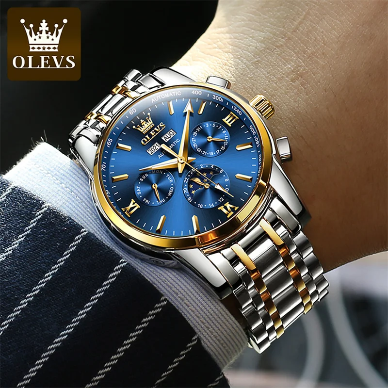OLEVS Top Brand Luxury  Luminous Date Moon Phases Men's Watches Mechanical Watch Men Waterproof Sport Automatic Wristwatch Reloj