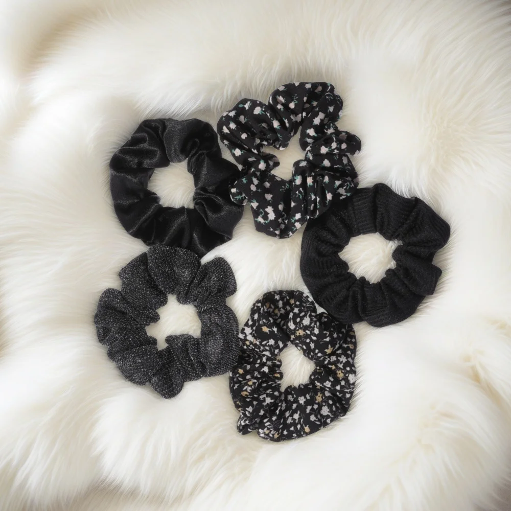 Floral & Leopard Print Hair Scrunchies Set - Pack of 5, No-Crease Elastic Ponytail Holders in Pink & Purple