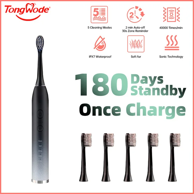 Tongwode Electric Sonic Toothbrush Rechargeable Waterproof Electronic USB Charge Whitening Tooth Brushes Replacement Heads Adult 1