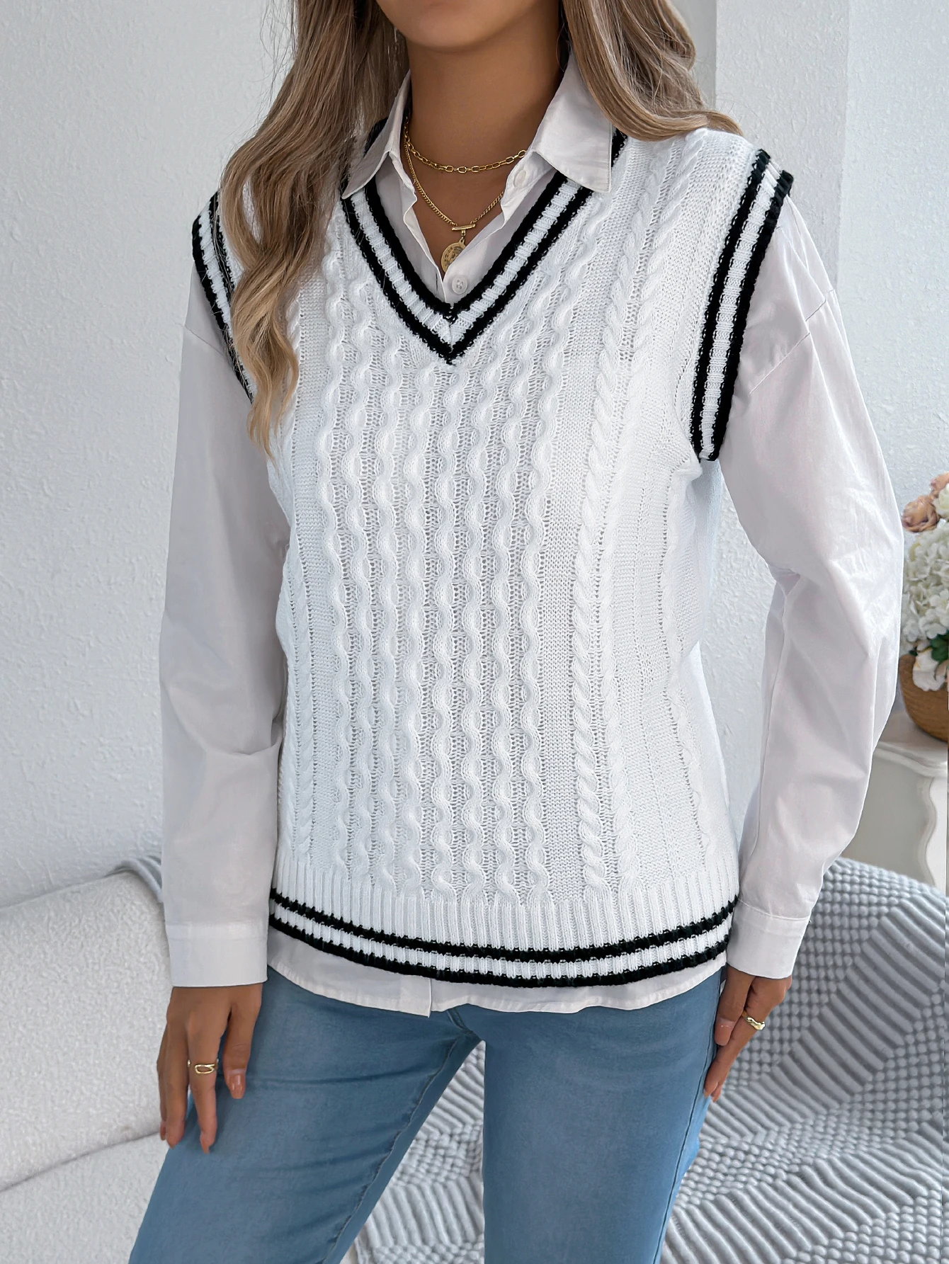 Women Color Block Striped Sweater Vest Autumn Winter