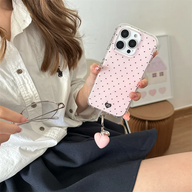 Double-Layer Pink Polka Dot Heart-Shaped Phone Case with Heart Pendant
