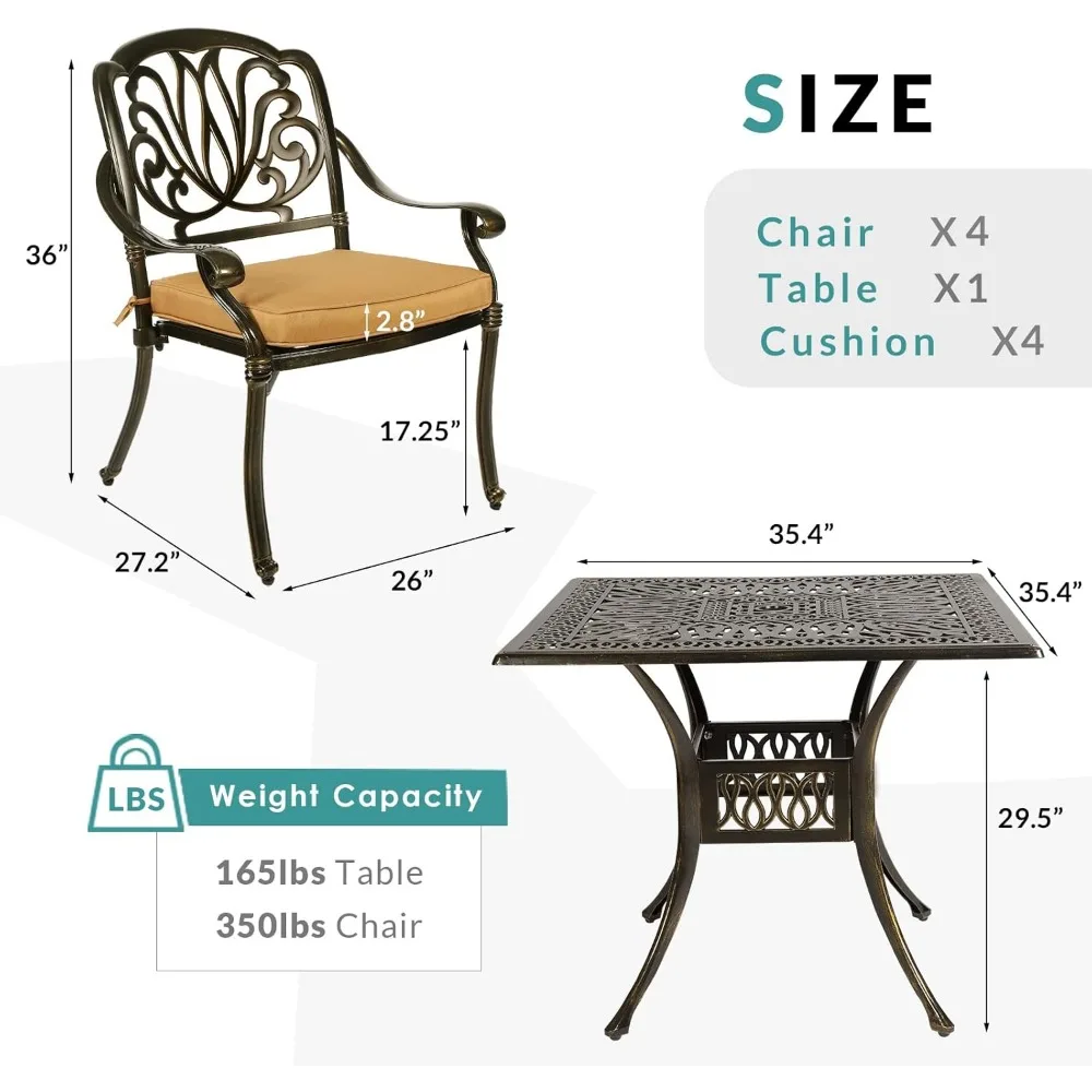 5-Piece Outdoor Patio Dining Set, All-Weather Cast Aluminum Patio Conversation Set for Backyard Garden Deck with 4 Chai 3