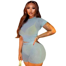 

Women's Suit Solid Color Two Piece Shorts Set 2022 Spring Summer New Fashion O Neck Short Sleeve T-shirt Hollow Out Sexy Outfits