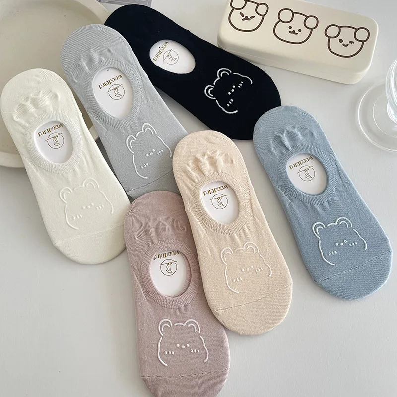 5 Pairs New Kawai Women Socks Summer Cute Japanese Fashion Cartoon Bear Funny Socks Soft Cotton Short Non-slip Invisible Socks