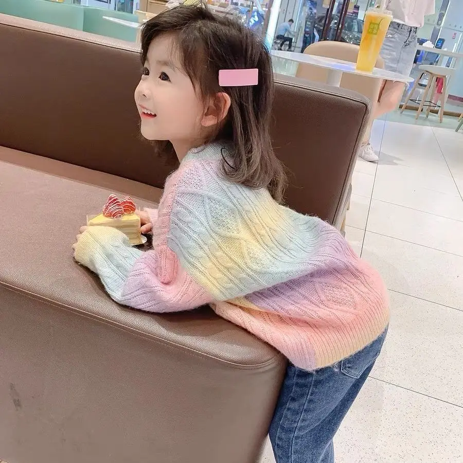New Girls' Autumn Clothes Rainbow Knitted Cardigan Children's Foreign Style Sweater Pullover Baby Knitted Sweater