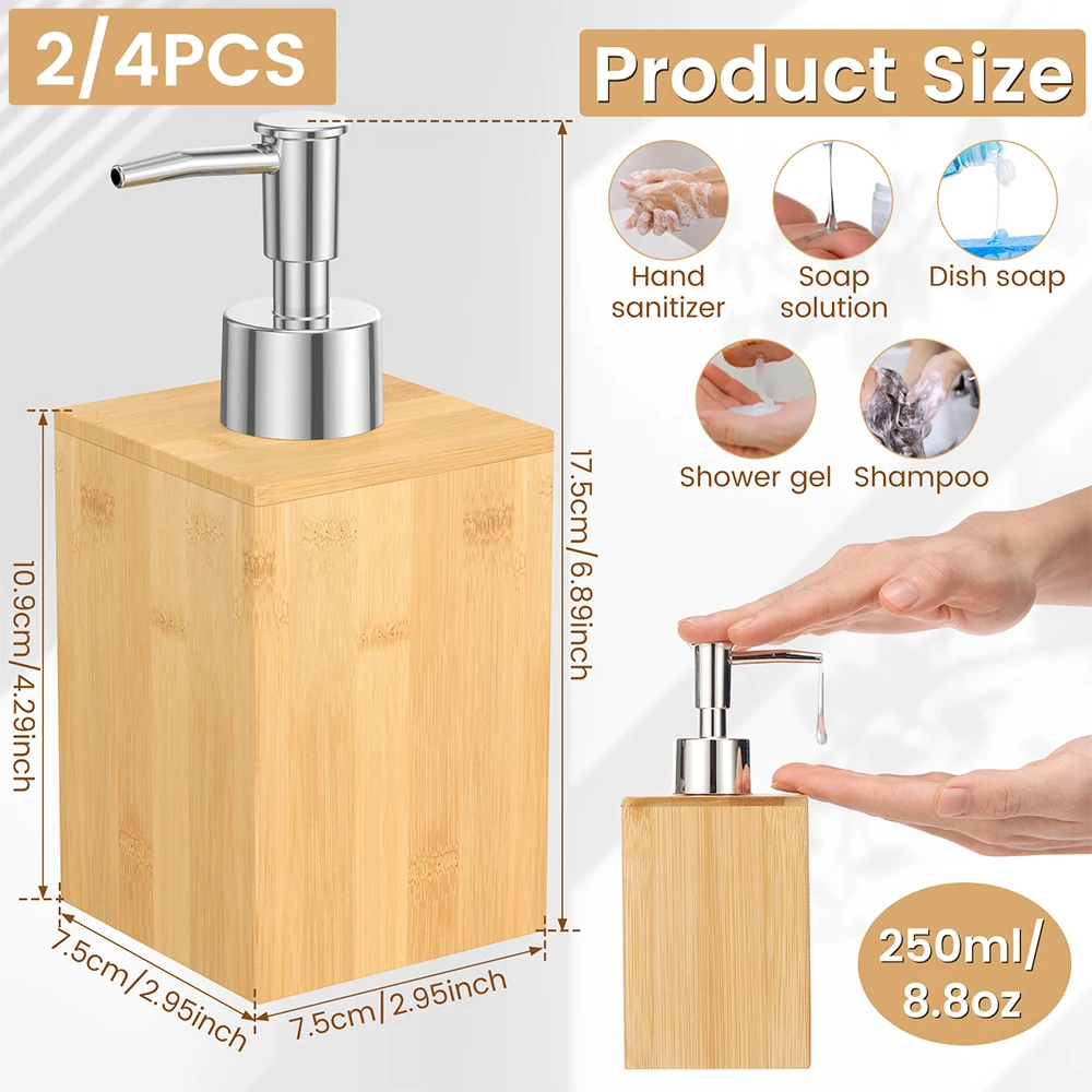 2/4Pcs Bamboo Soap Dispenser 250ml Wooden Lotion Pump Dispenser with Stainless Steel Pump Kitchen Bathroom Distribution Bottle