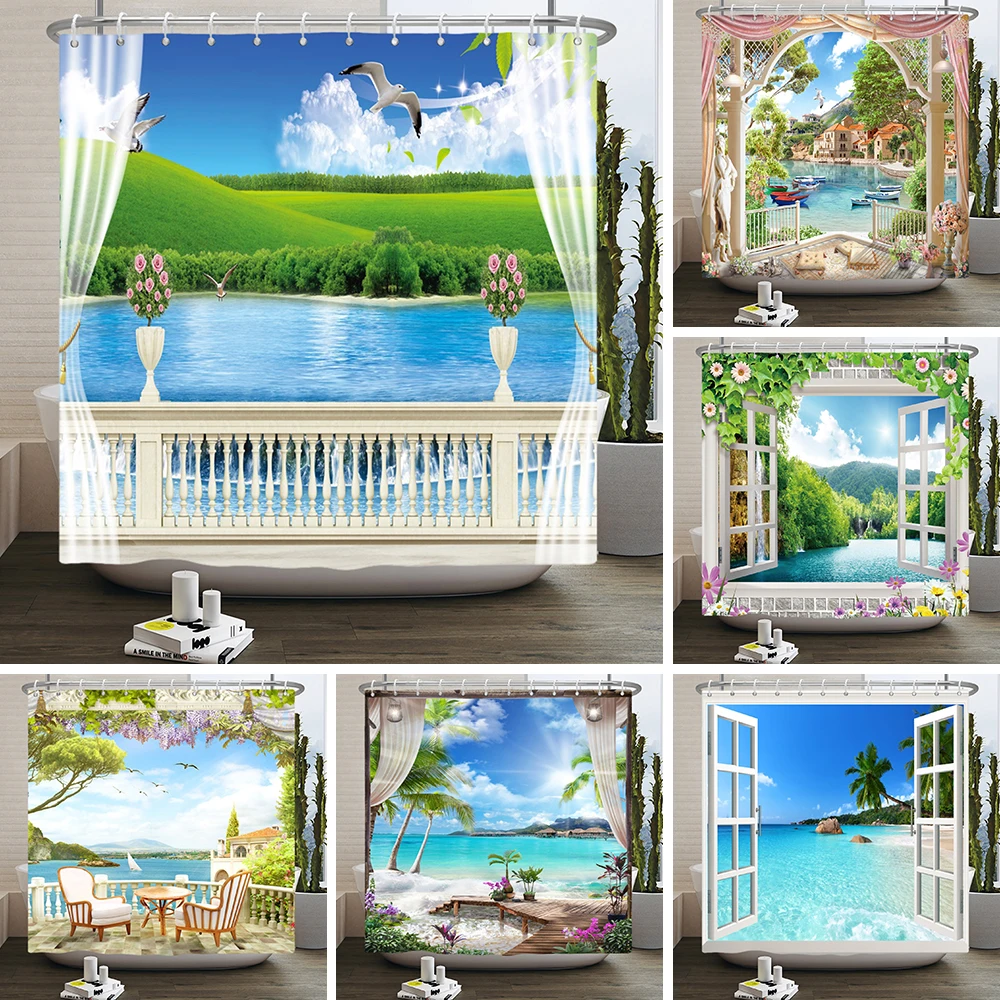 Seaside Beach Shower Curtains For Bathroom Palm Leaves Coconut Tree Hawaiian Vacation Grass Skirt Sunbathing Waterproof Partitio