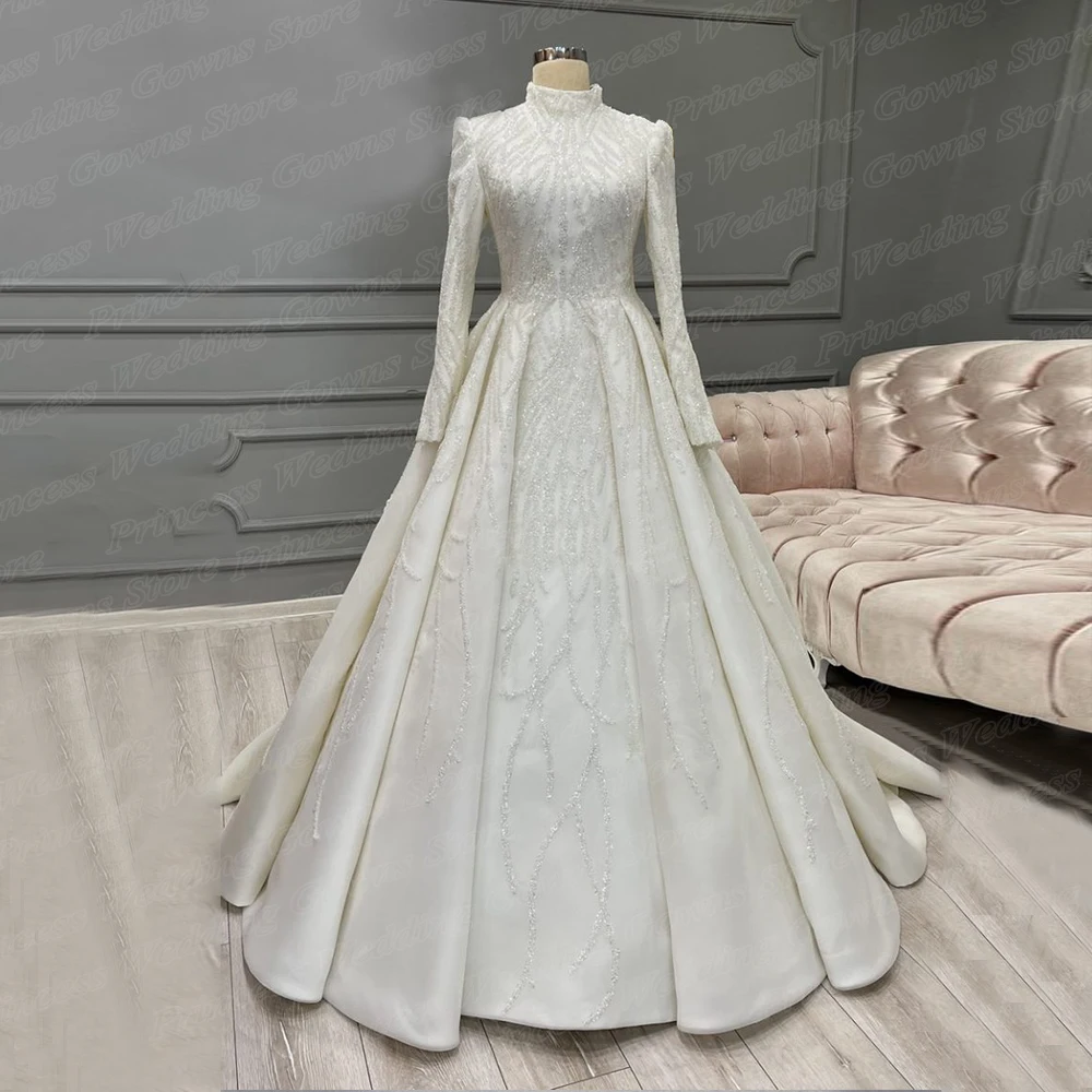 

Gorgeous Muslim Wedding Dress Long Sleeve Kaftan Morocco Formal Bridal Gown Glitter Lace Floor Length Dubai 2023 Robe De Mariage