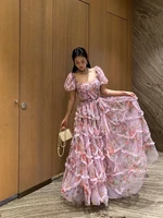 GALCAUR الحلو المرقعة شبكة فستان للنساء ساحة طوق نفخة الأكمام عالية الخصر ضرب اللون الأزهار طباعة سترة فساتين الإناث 1