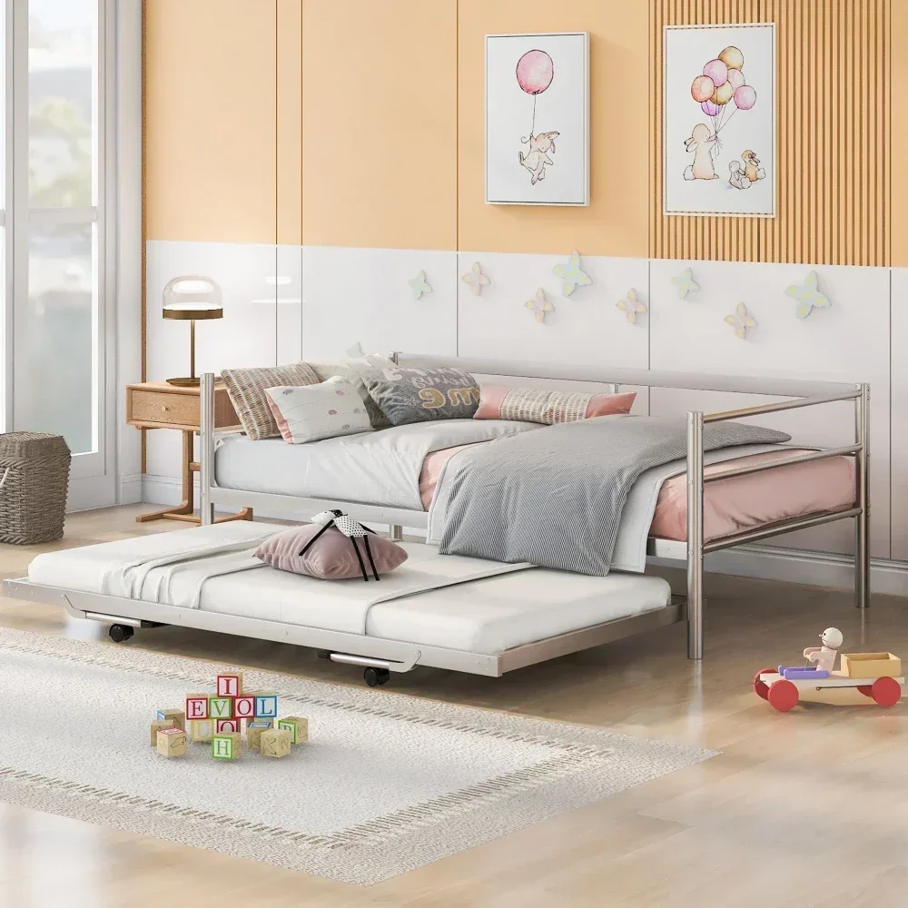 Children Beds Twin Size Metal Daybed with Adjustable Trundle,Silver Bunk Beds for Kids for Girls From 6 To 12  Years Princesses 4