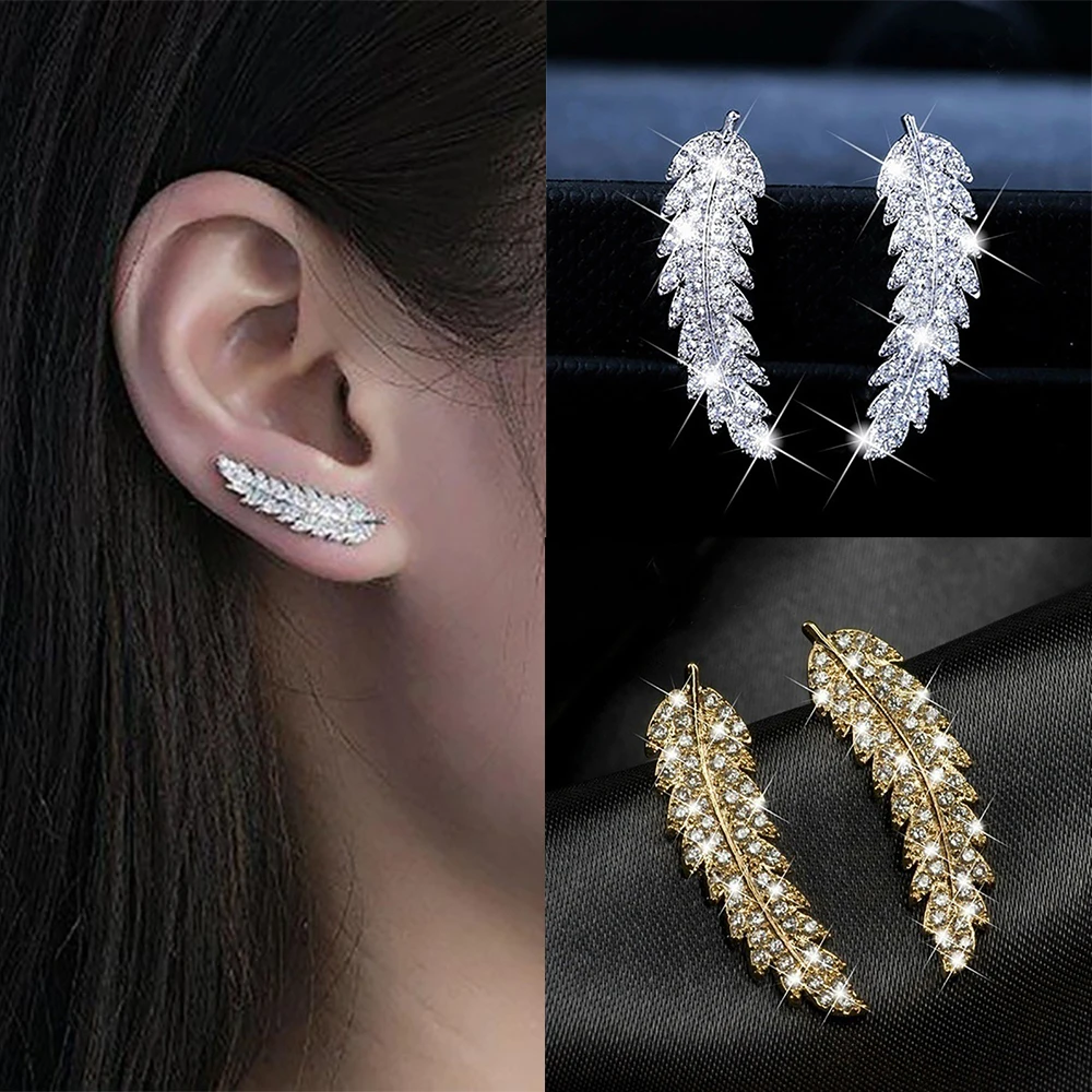 

New Boutique Women's Classic Zircon Earrings Exquisite Feather And Leaf Shape Gold Party Daily Gifts Fashion Jewelry