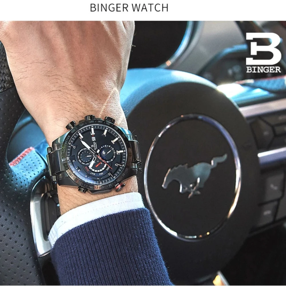 Genuine Luxury Switzerland BINGER Brand Mens Watches Automatic Mechanical Luminous Waterproof Running Calendar Male Moon Phase