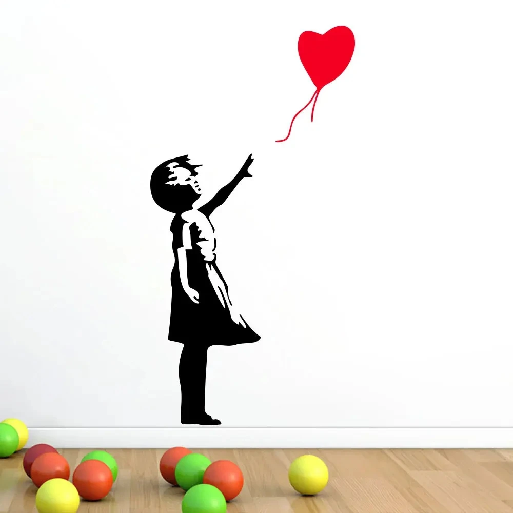

Little Girl And Red Heart Balloon Flying Away Wall Stickers For Background Living-room Girls Room Home Decoration