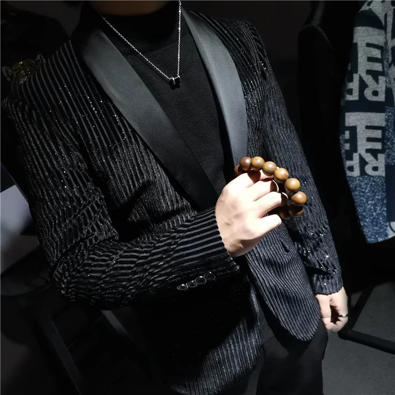 Powderr Gold Corduroy Stripe Blazer Man Stage Costumes For Singer Stylish Blazers For Men Blazer Hombre Terno Masculino Black blazers