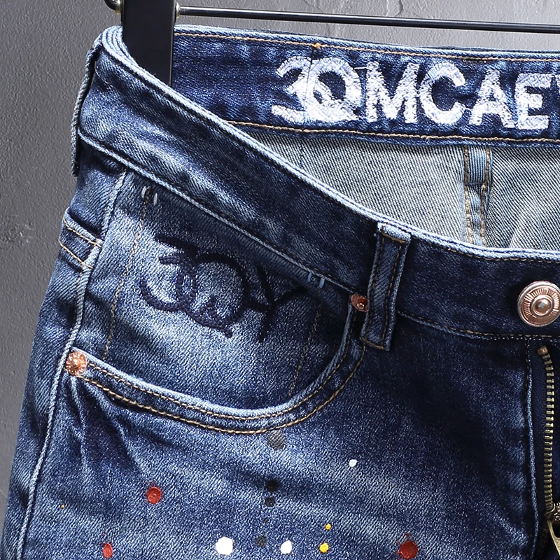 High Street Fashion Men Jeans Retro Blue Stretch Elastic Slim Fit Ripped Jeans Men Painted Designer Hip Hop Denim Pants Hombre