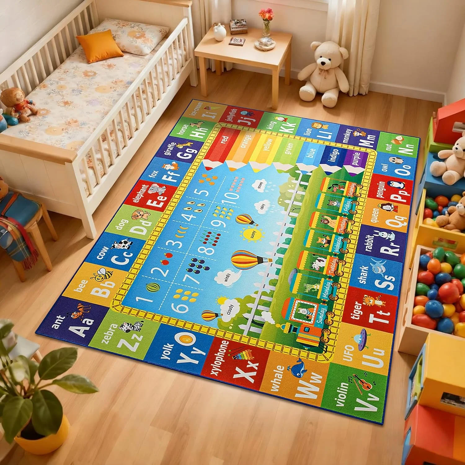 שטיח גדול לחדר ילדים עם מספר ABC חינוכי, דוגמת חיות אלפבית צבעונית עם אזור ספירה, שטיח אנטי-החלקה לקישוט הבית