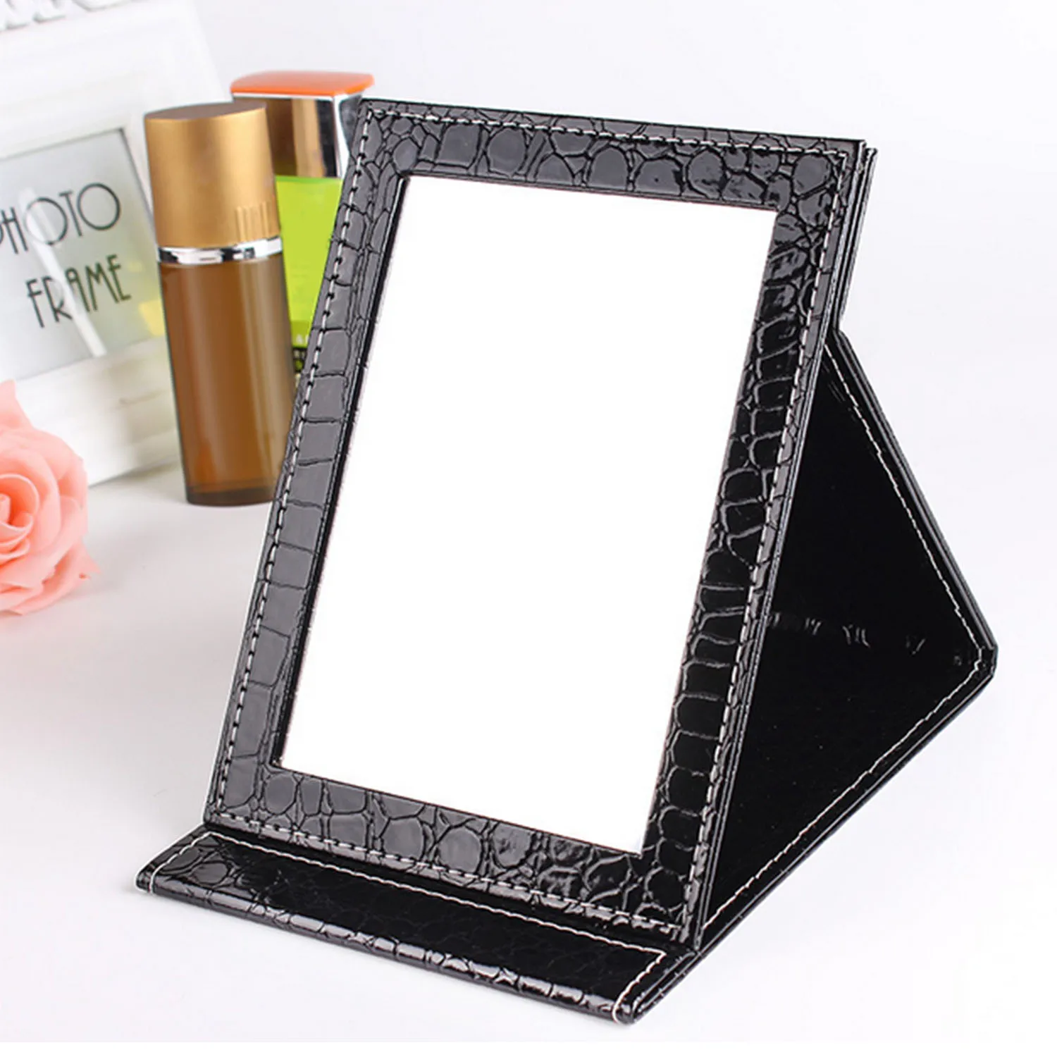 Folding MakeUp Mirror Rectangle Leather Pocket Mirrors Personalised Portable Compact Folding Cosmetic Mirrors 1 12 girl mini pocket laptop shape makeup clear mirror baby mirrors toy