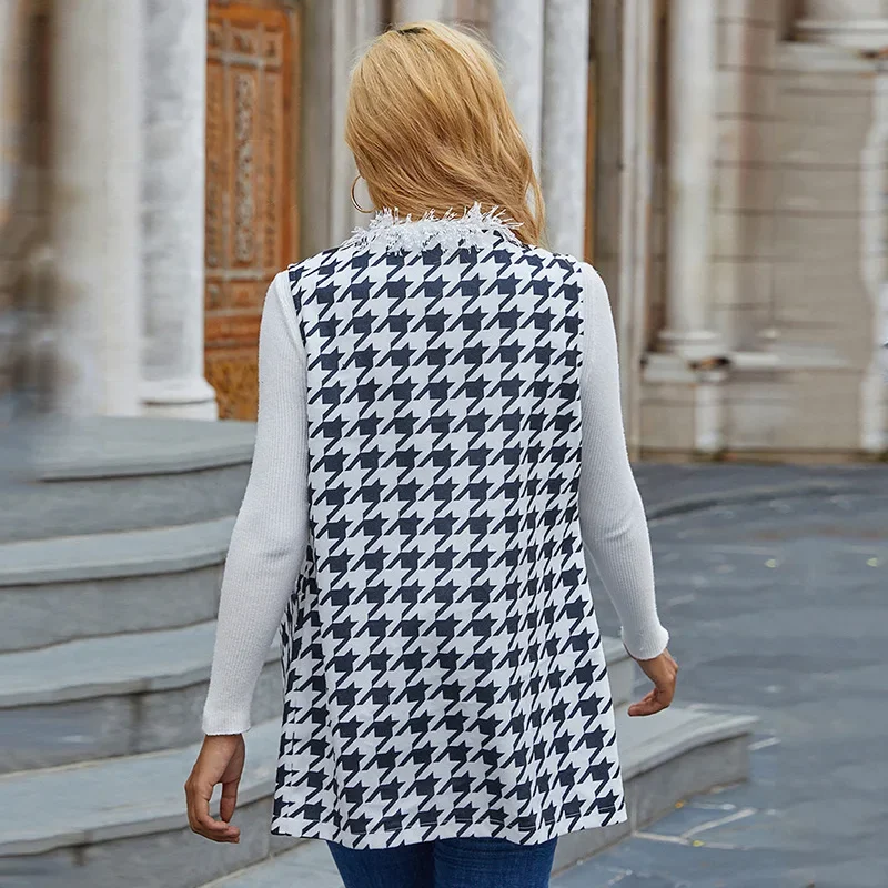 Autumn and Winter Women's V-neck 2021 Trendy Cardigan Black and White Plaid Vest Mid-length Vest Women's Small Fragrance Vest