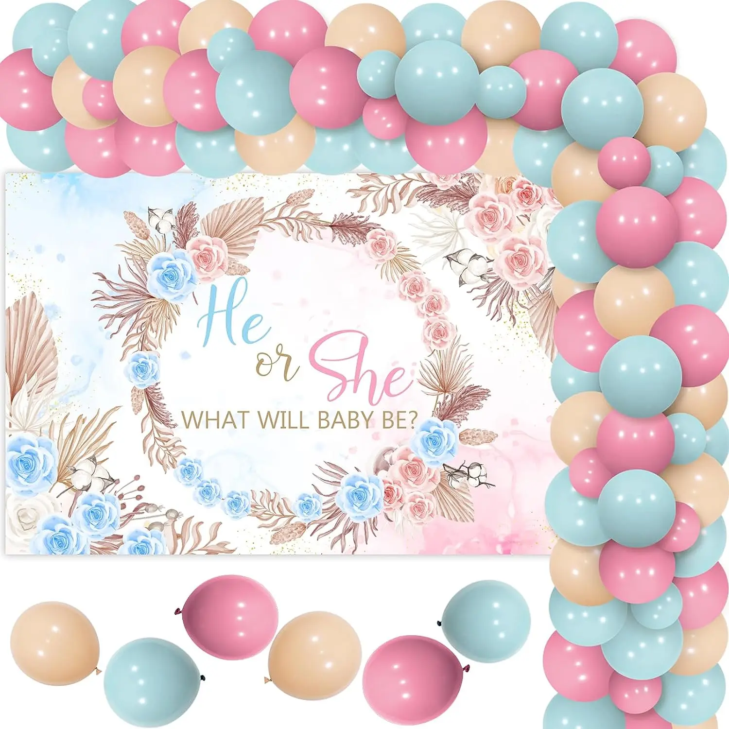 

Gender Reveal Party Decorations, Pampas Grass, Boho, He What Will Baby Be Backdrop, Pink and Blue Balloon, Arch Kit for Boys and