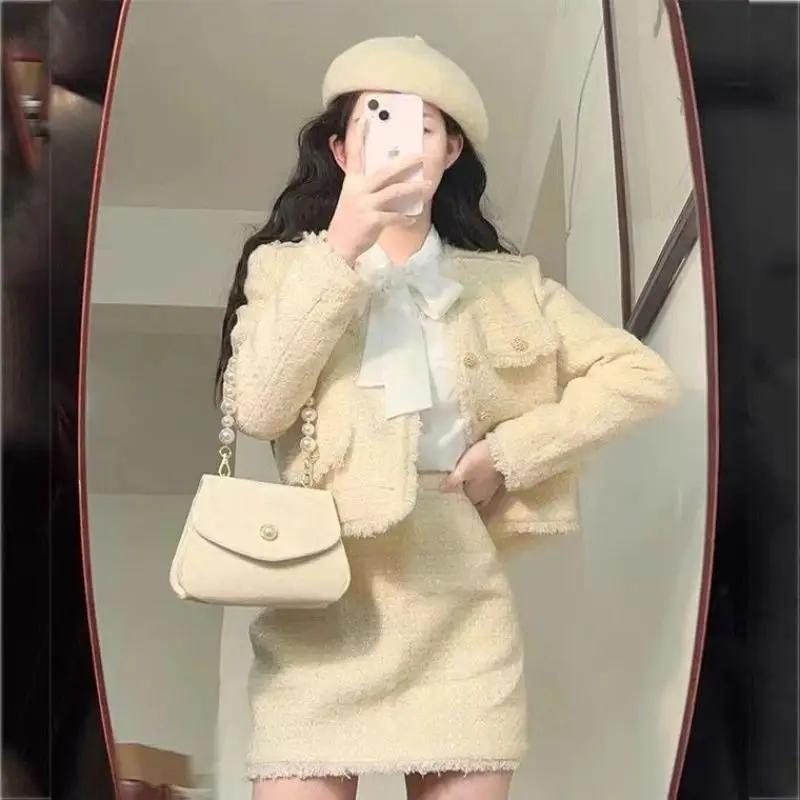 

Winter Yellow Sweet Two Piece Set Women Korean Style Elegant Mini Skirt Set Female Long Sleeve Chic Fairy Party Skirt Suit 2023