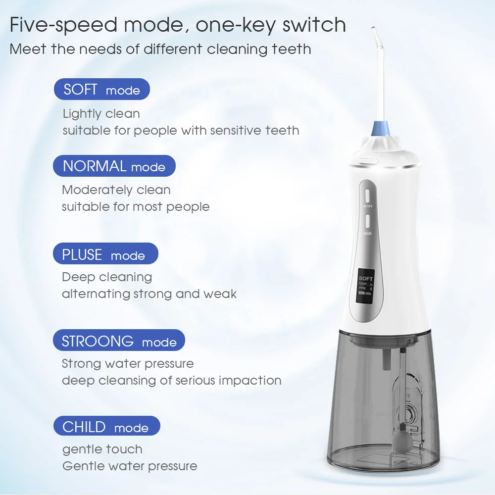 OLED Screen Inductive 5 Mode Rechargeable Water Floss For False Dental Teeth Cleaner Jet Electric Oral Irrigator 350ml Tank