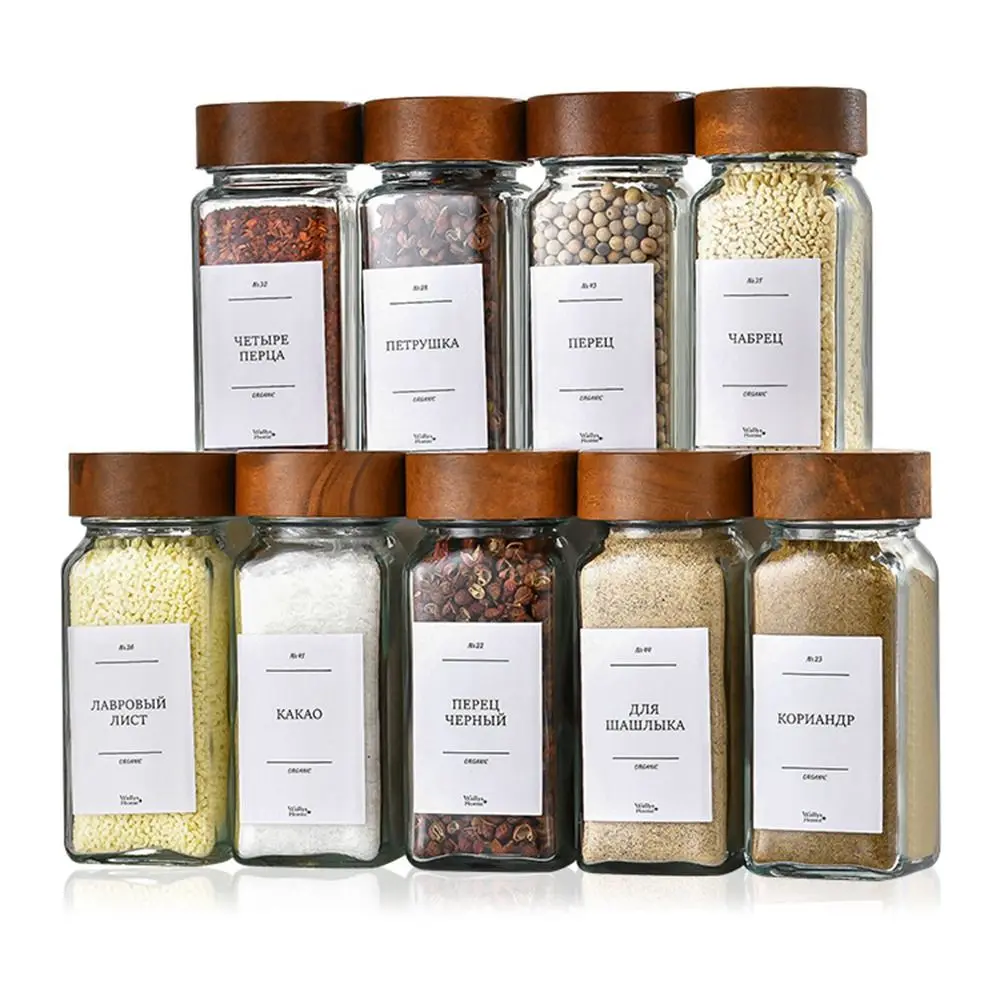 Dispensing Bottles Glass Sealed Spice Jars Storage Tool Acacia Wood Lids Square Spice Jar Transparent Storage Tank