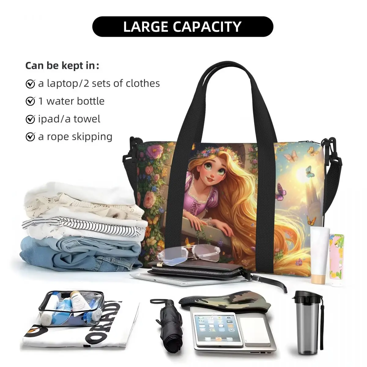 Custom Tangled Rapunzel Wallpaper Tote Bag for Women Large Capacity Gym Beach Travel Bags 5