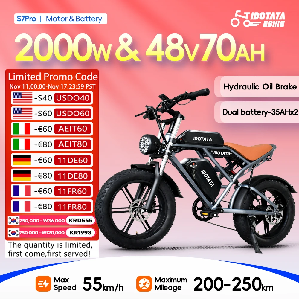 Electric Bike Electric Bicycle IDOTATA-S7 Electric Bike for Adults Dual Battery 48V 70Ah 20inch 4.0 Fat Tires Snow Mountain E-Bike 2000W