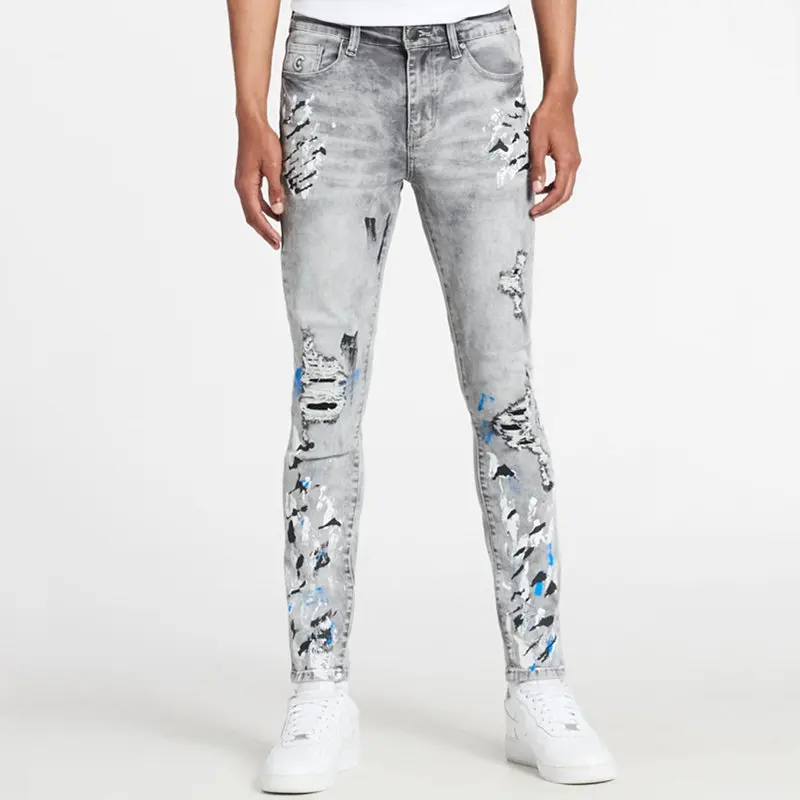 

2022 European and American summer new men's knee frayed jeans printed straight trousers men's pants oversized jeans