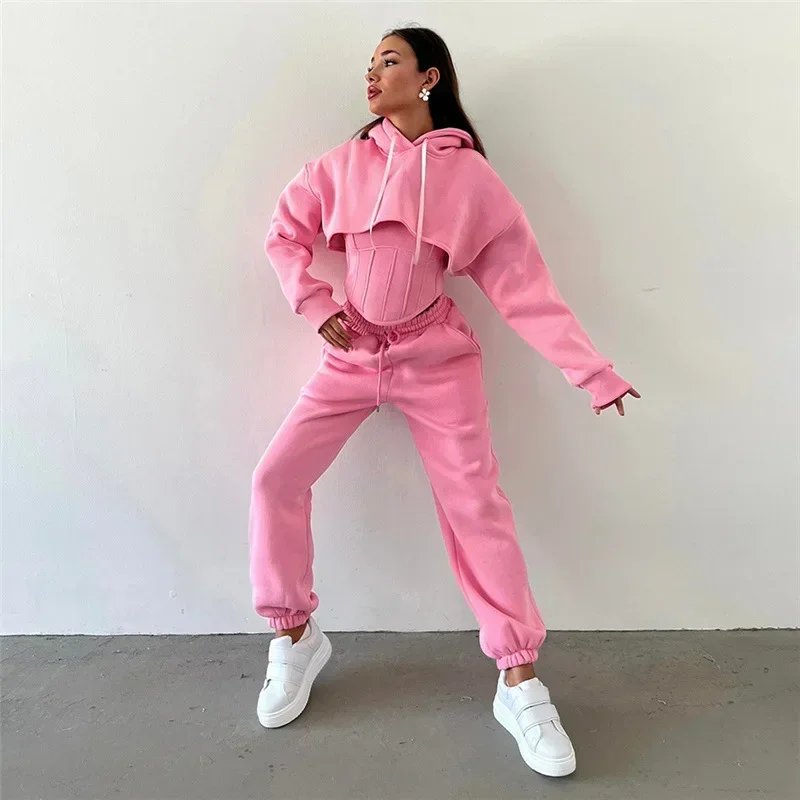 

Women Tracksuit 3 Piece Set Casual Sporty Jogger Outfits Stretch Hooded Crop Tops+Vest+Harlan Pants Matching Slim Streetwear