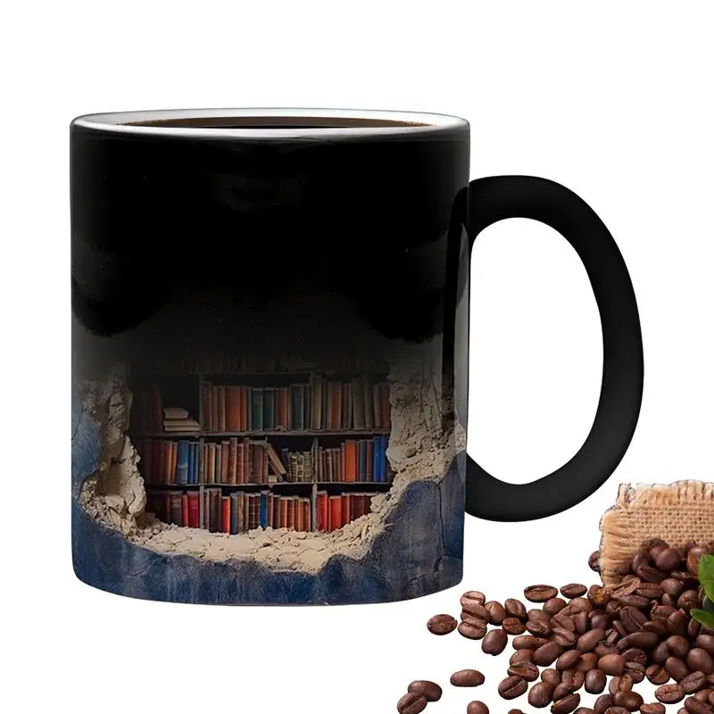 

color changing Bookshelf Coffee Mug Novelty Heat Sensitive Cup 3D ceramic Drinkware Mugs Christmas Funny Gifts Book Lover Writer